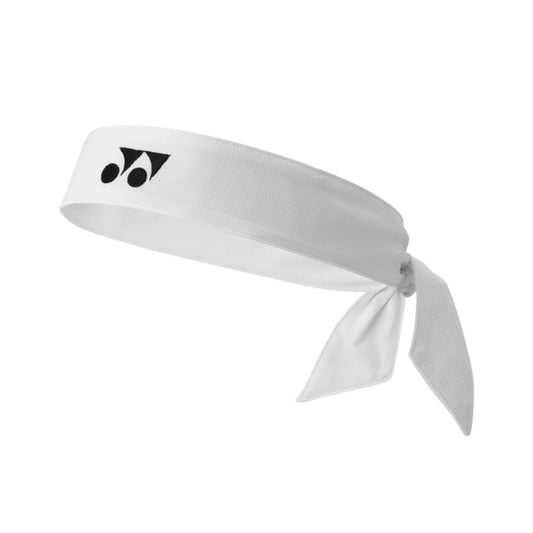 White headband with a black logo on a white background