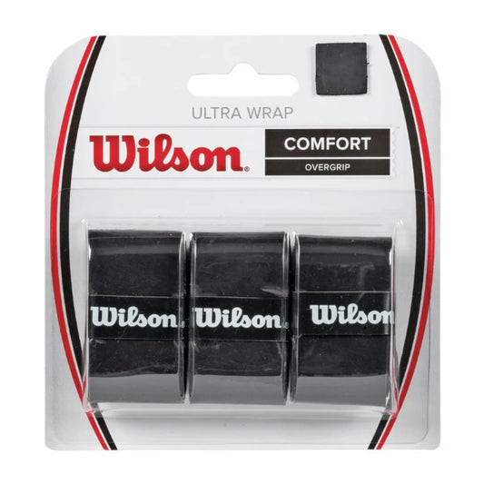 Pack of Wilson overgrips with branding and product details on a white background