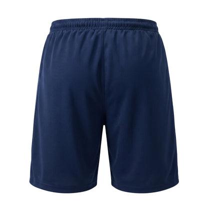 Navy Yonex shorts with a brand logo on a white background