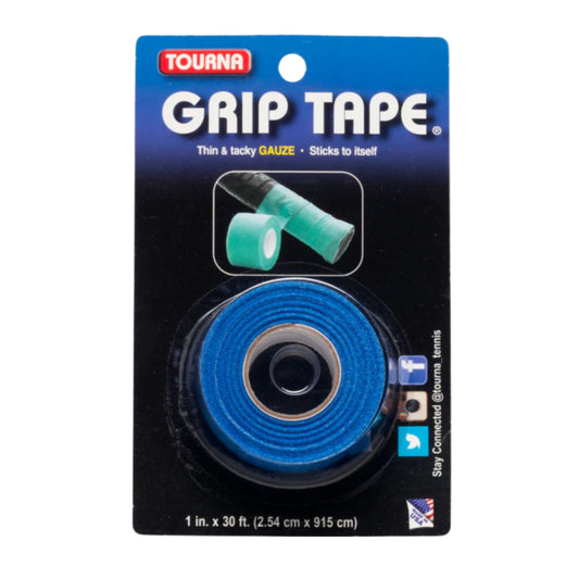 Packaged Tourna grip tape with blue roll on a black background