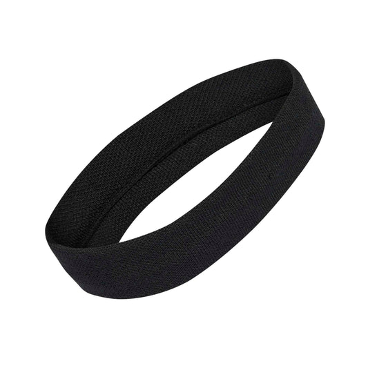 A black fabric headband with a wide, padded design, shown on a plain white background.