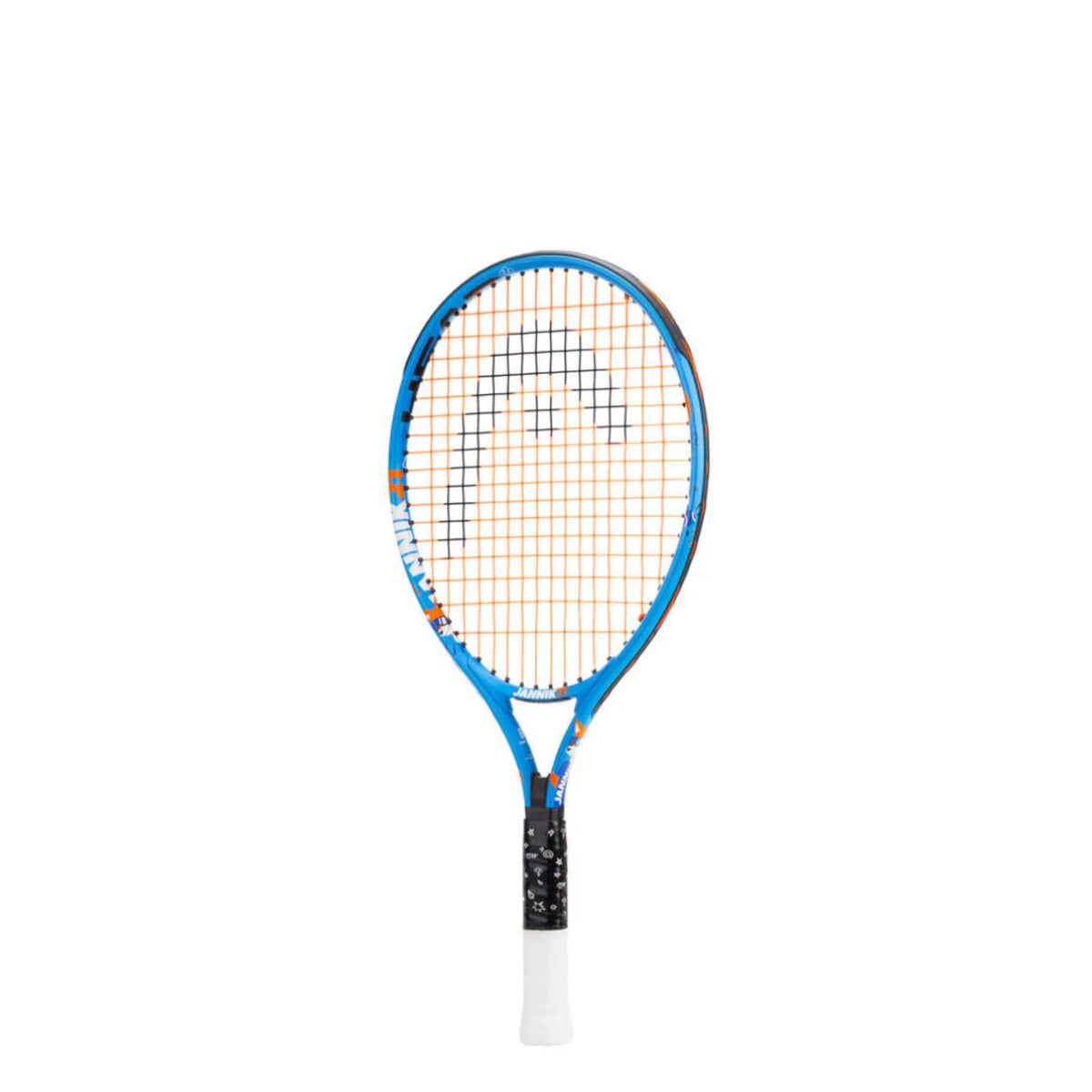 A Head tennis racket with a blue frame, orange strings, and a black and white grip, shown vertically against a plain white background.