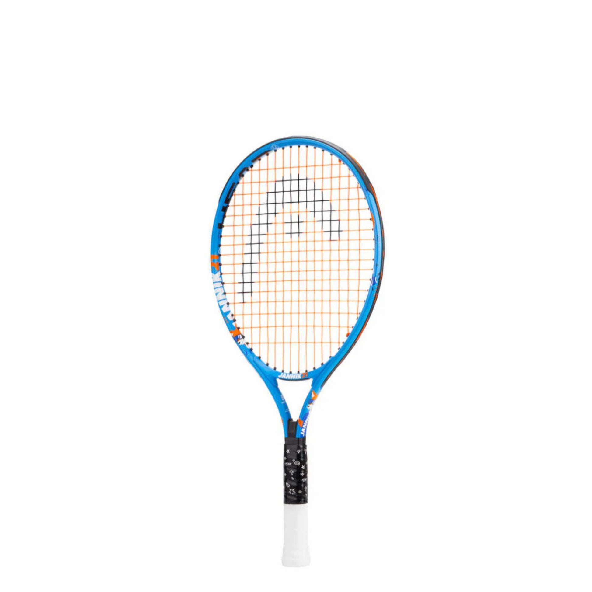 A Head tennis racket with a blue frame, orange strings, and a black and white grip, shown vertically against a plain white background.