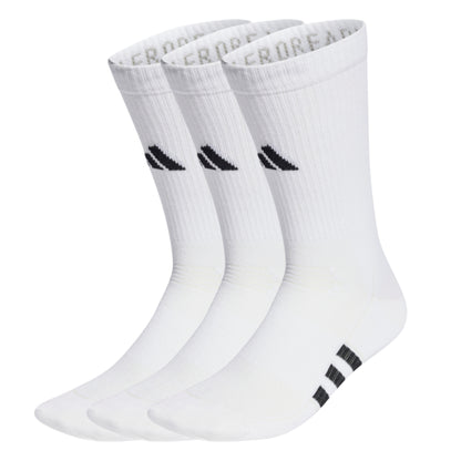 Three white Adidas socks with black logo on a white background