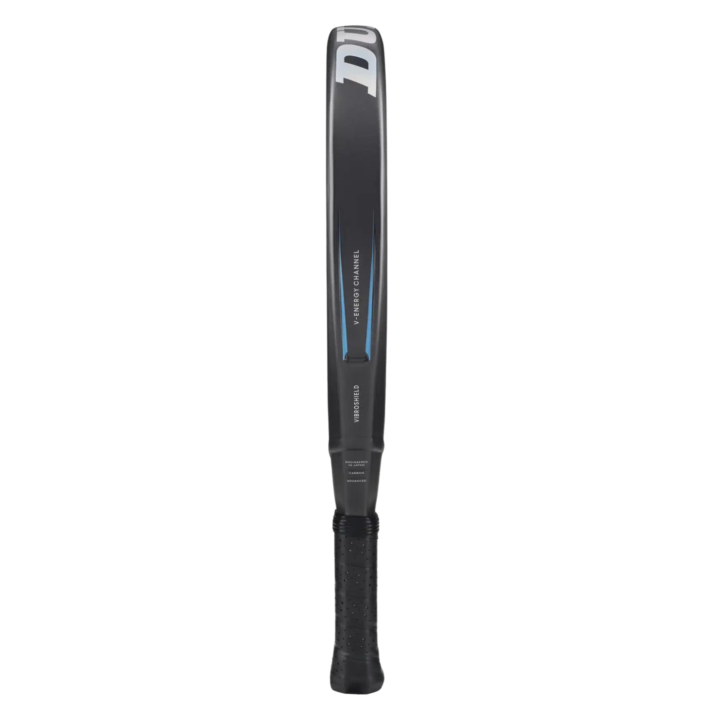 Black and gray Dunlop padel racket with branding on a white background