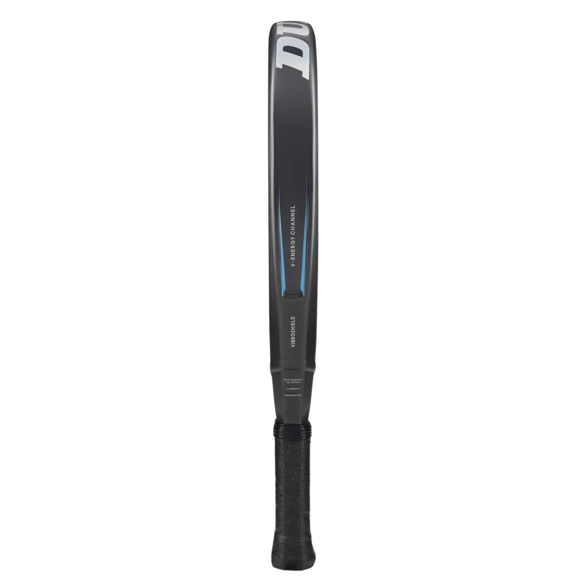 Black and gray Dunlop padel racket with branding on a white background