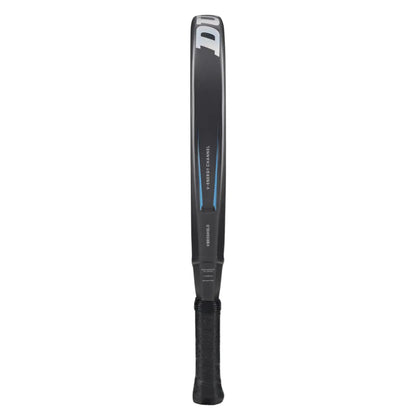 Black and gray Dunlop padel racket with branding on a white background