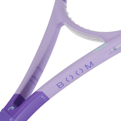 Close-up of a purple tennis racket with 'BOOM' branding on a white background