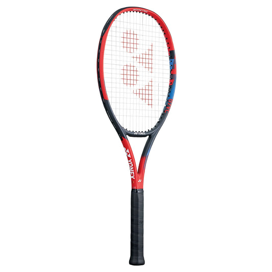 Tennis racket with red and blue design on a white background