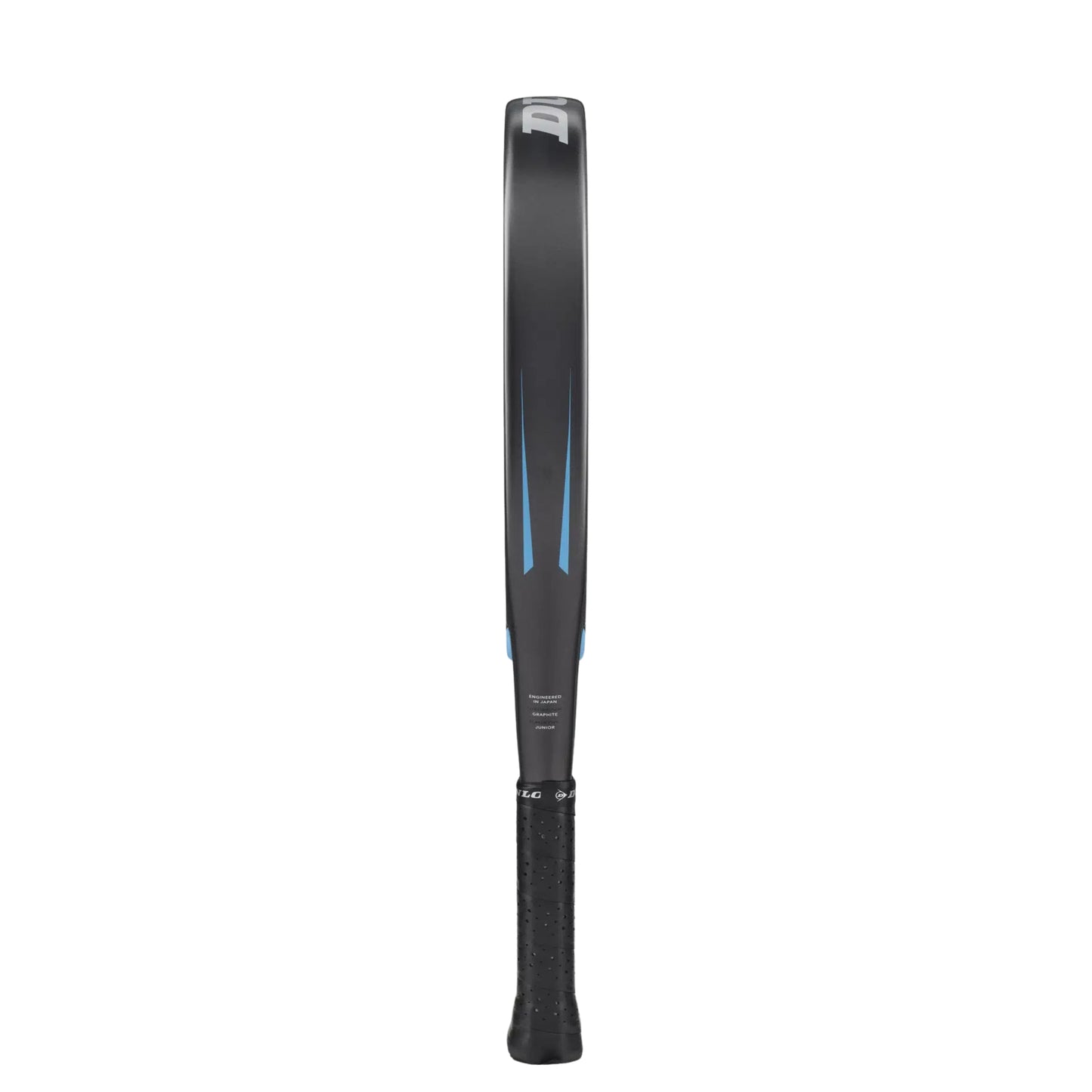 Dunlop FX Jr Padel racket side view with blue and black design on a white background