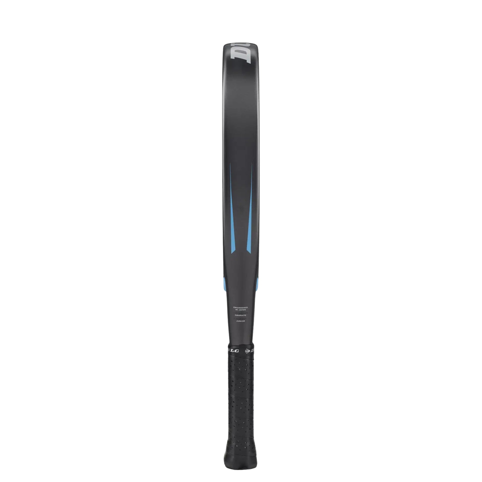 Dunlop FX Jr Padel racket side view with blue and black design on a white background