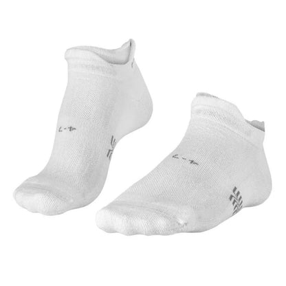 Two white Falke socks with a brand logo on a white background