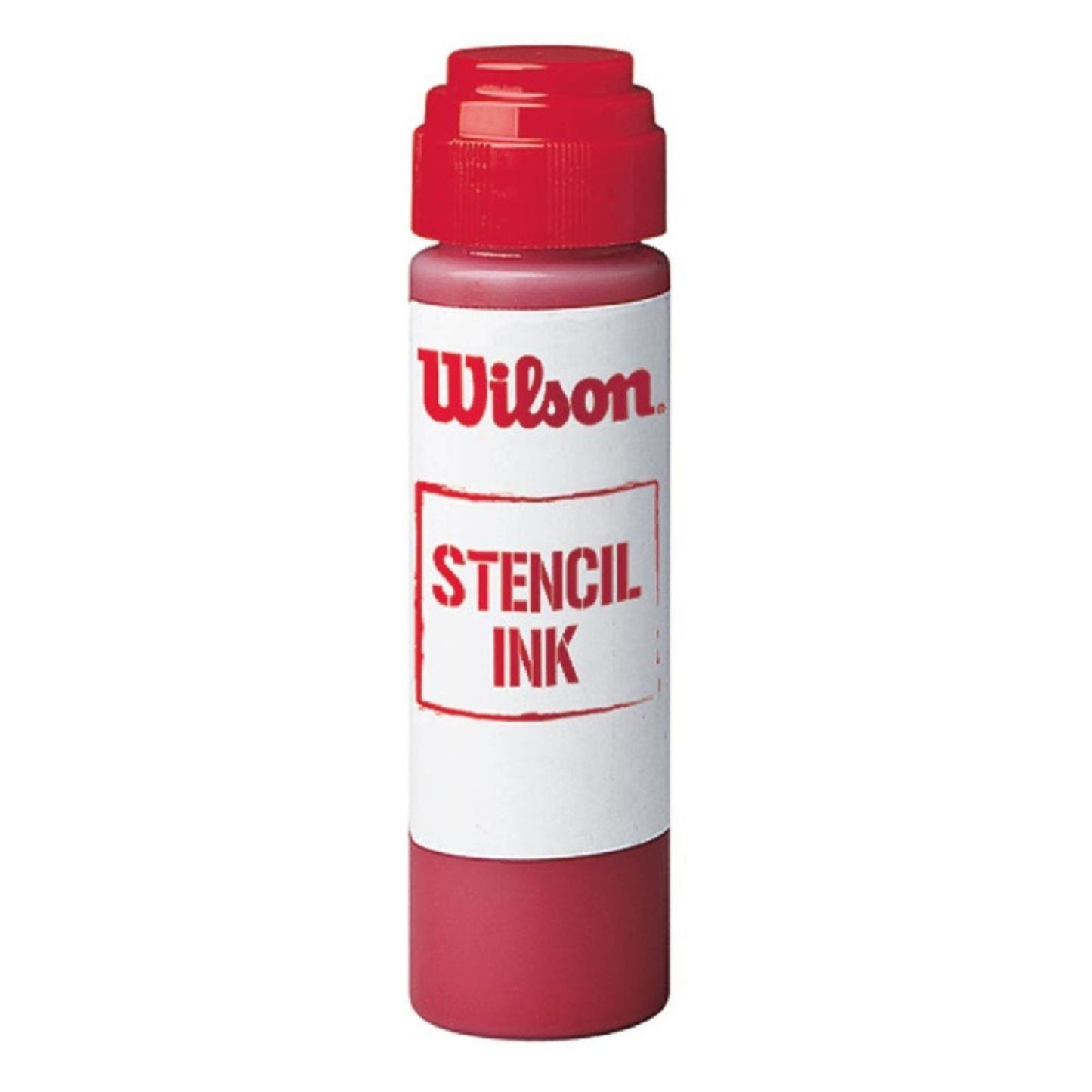 Bottle of Wilson Red stencil ink with red cap and white label on a white background