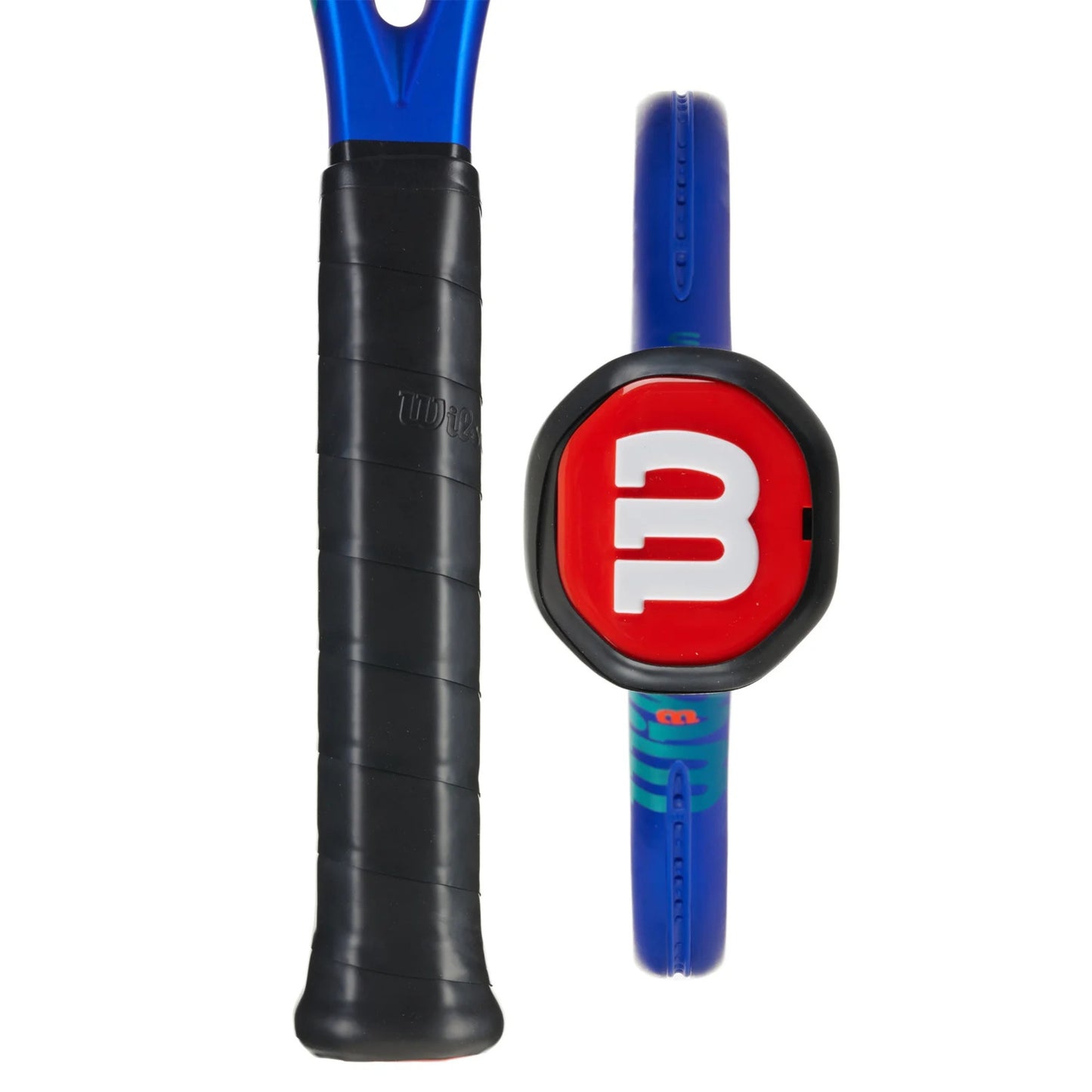 Tennis racket with blue frame and black handle on a white background