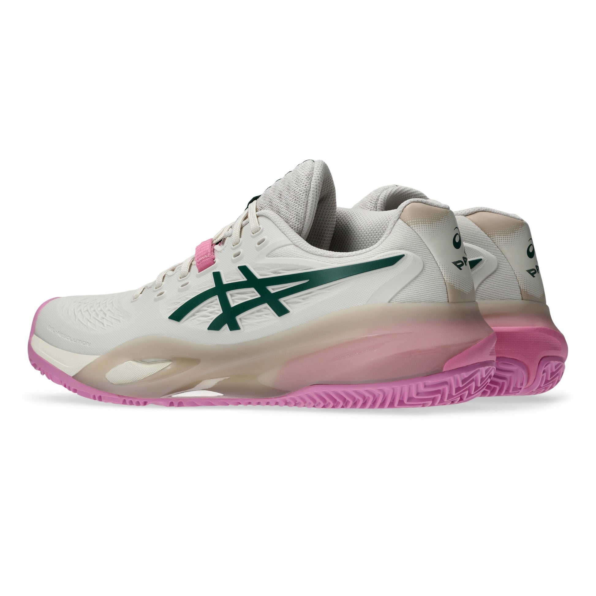 A pair of ASICS padel shoes in white and light gray with a dark green logo, a translucent beige midsole, and a vibrant pink outsole and heel accent, shown against a plain white background.