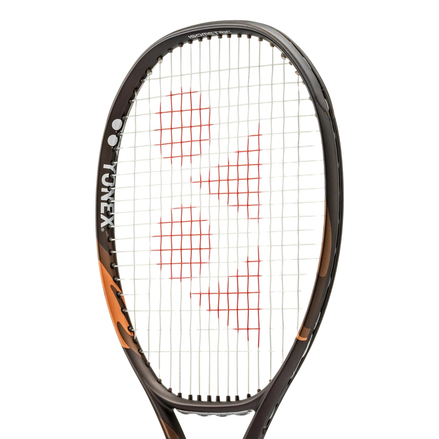 A close-up of a Yonex tennis racket head on a white background, featuring a dark brown and black frame with orange accents and red string patterns.