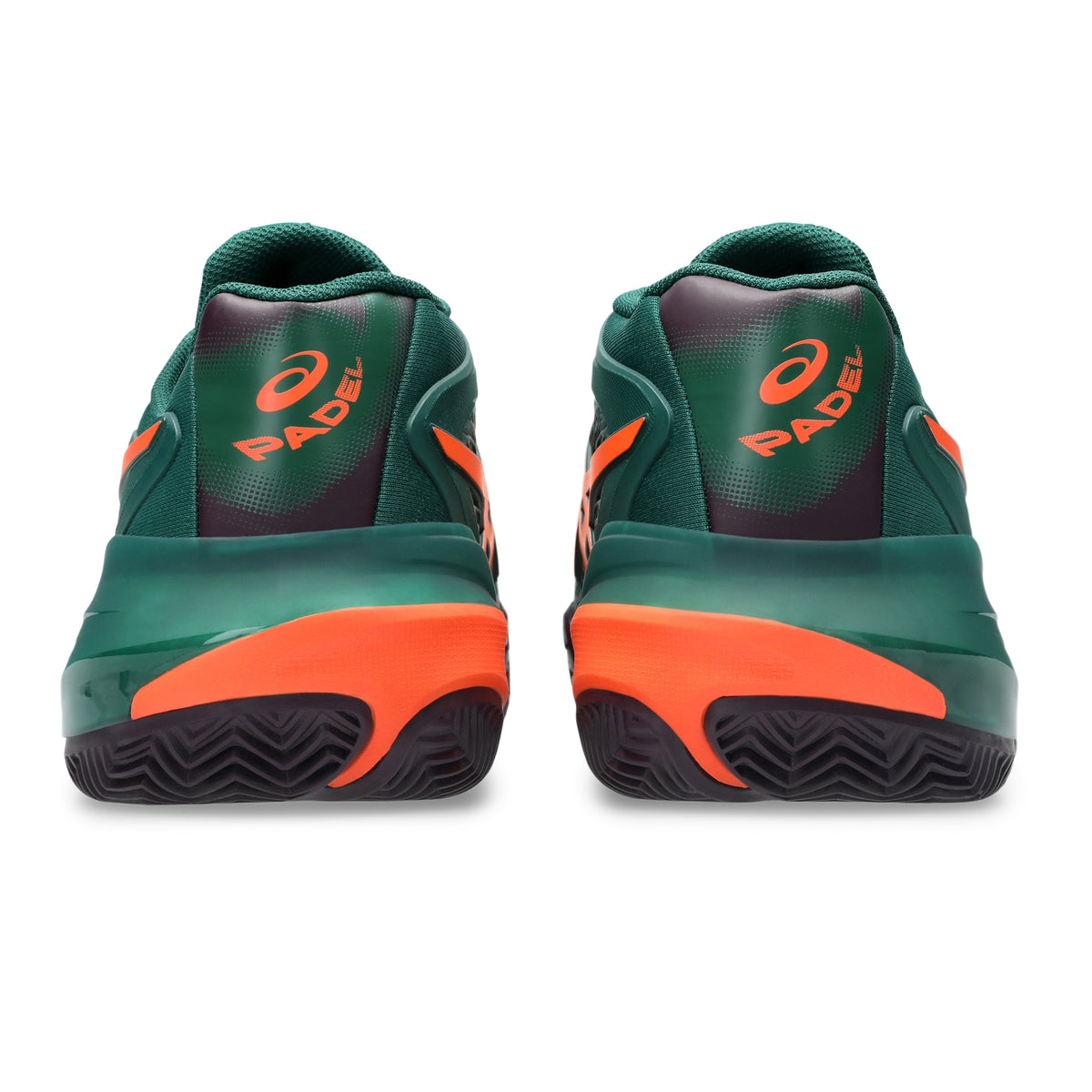 A pair of Askel Padel shoes shown from the back, featuring a dark green and black upper with bright orange accents and a black sole.