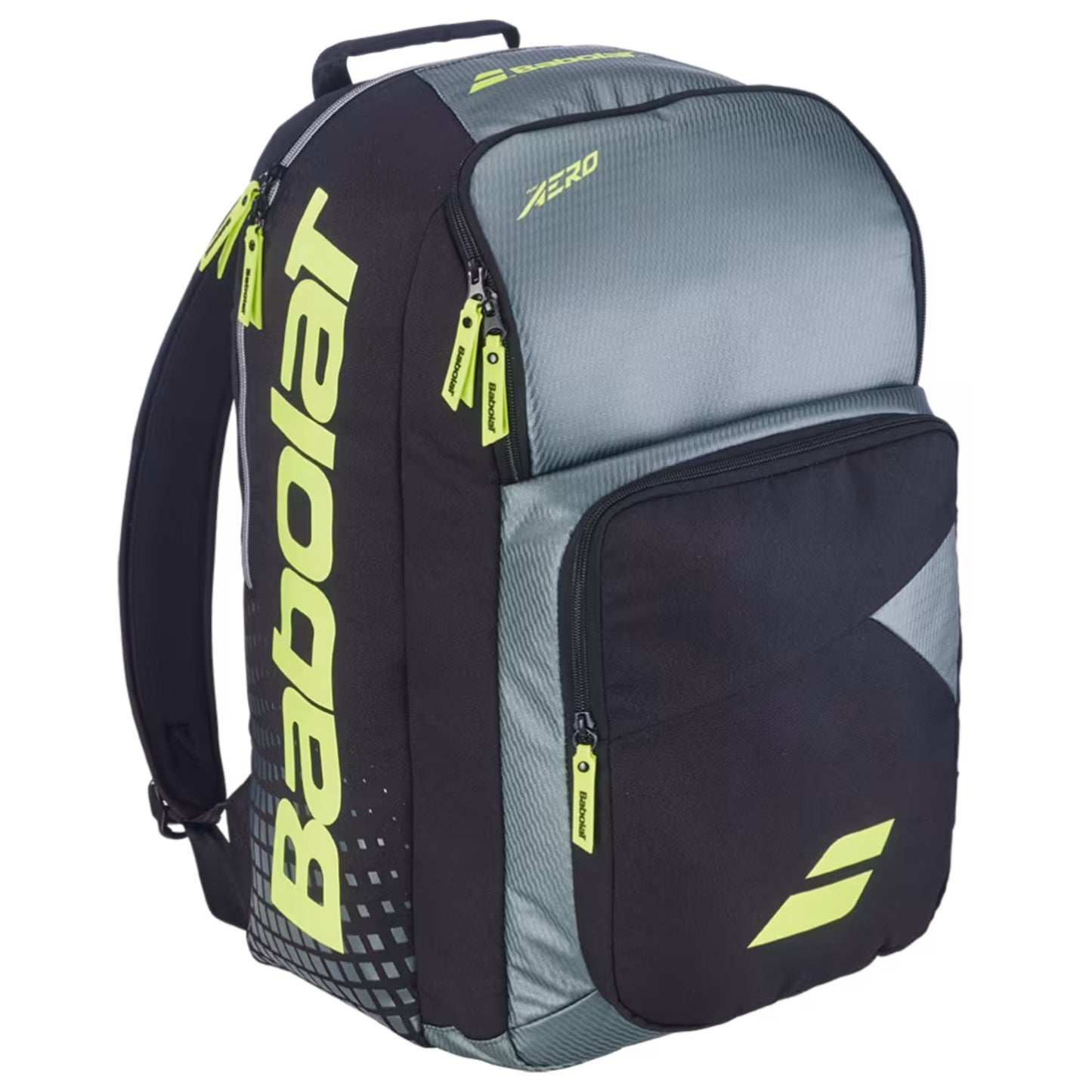 Black and gray Backpack with Babolat branding on a white background