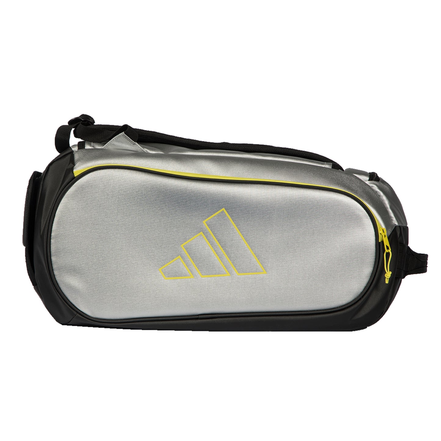 Silver Adidas bag with black accents on a white background