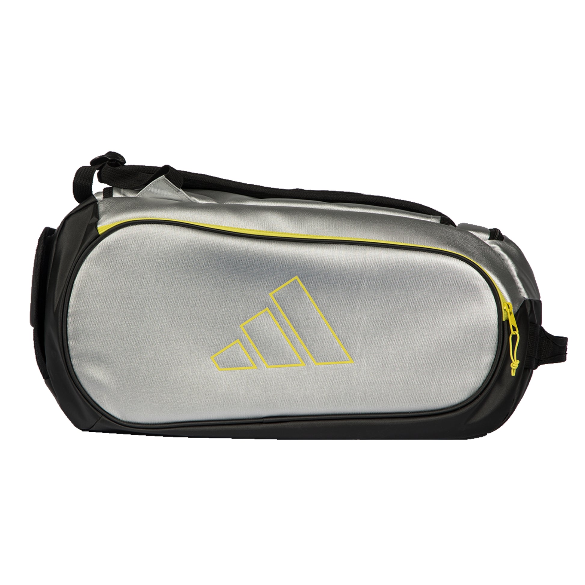 Silver Adidas bag with black accents on a white background