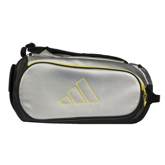 Silver Adidas bag with black accents on a white background
