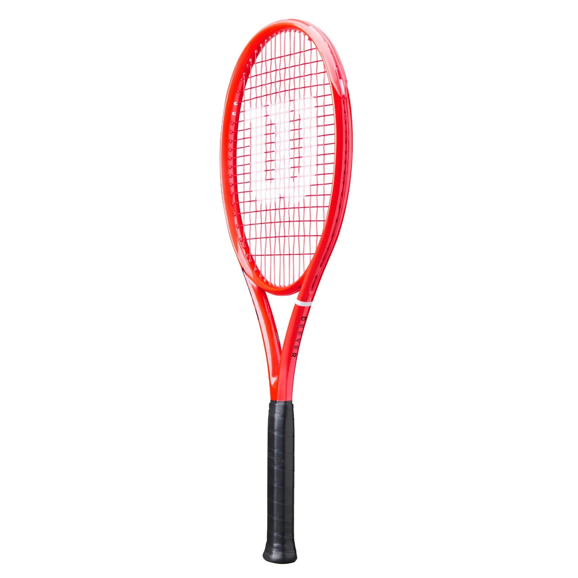 A red Wilson tennis racket with a black grip, shown vertically against a plain white background.