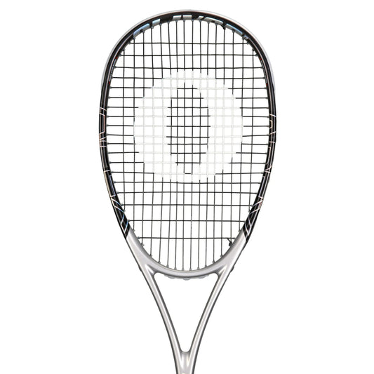 Squash racket with a black and silver design on a white background