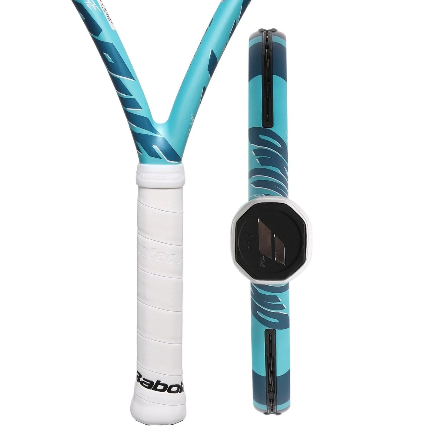 White handle and bottom view of the white handle of the Teal and Navy Babolat racket
