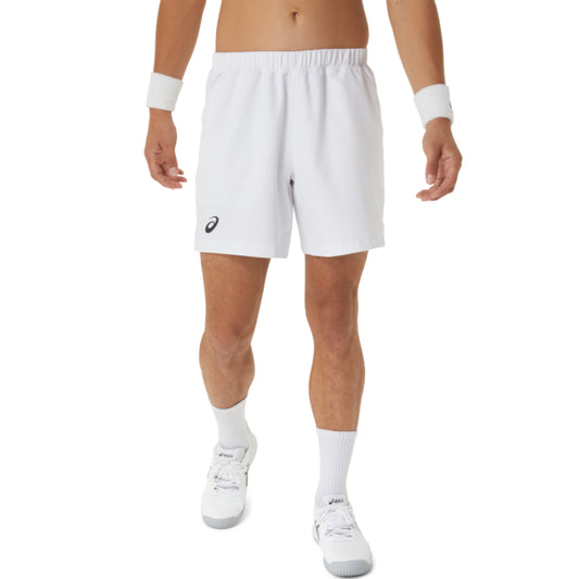 Person wearing white athletic shorts with a brand logo on a white background