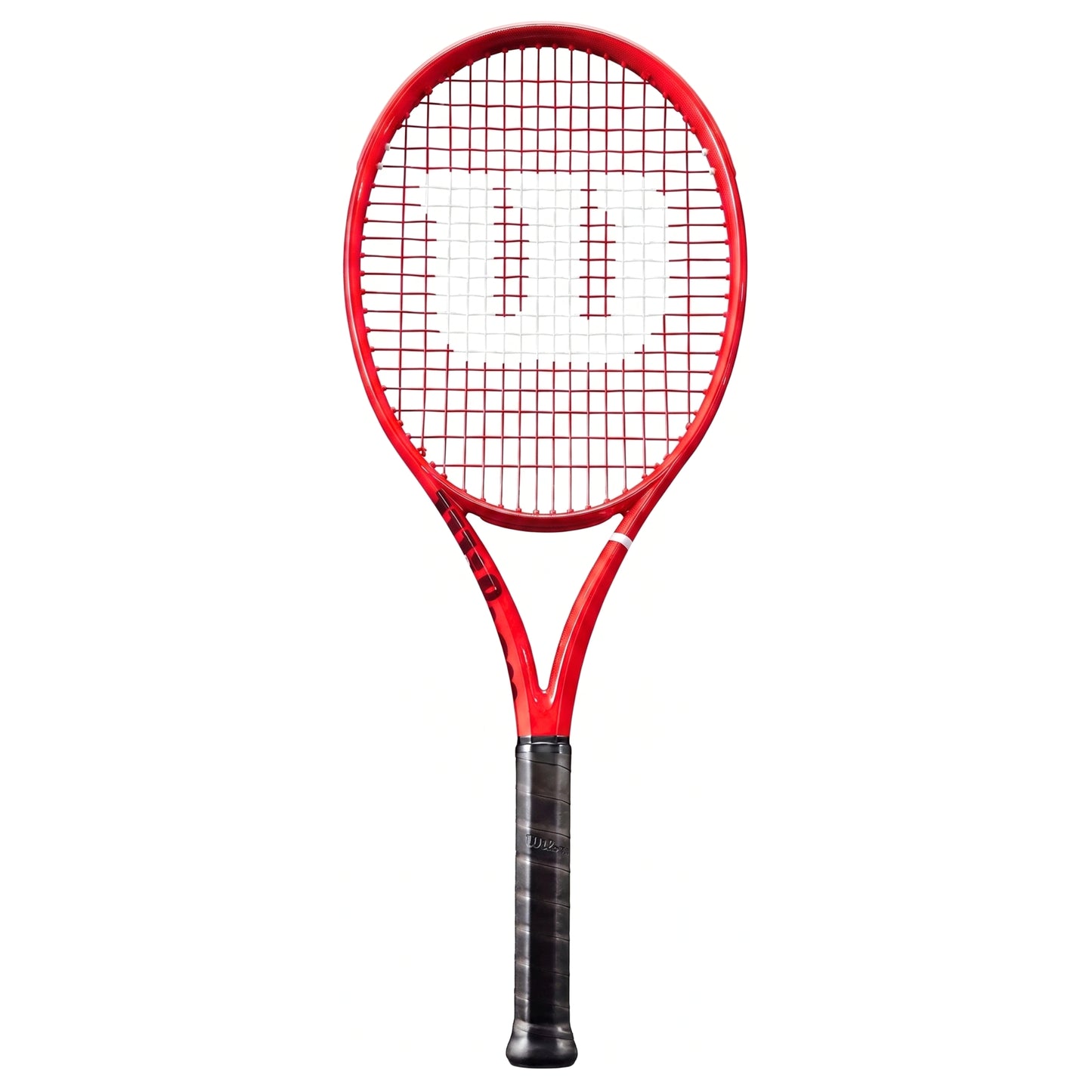 A red Wilson tennis racket with a black grip and white string pattern logo, centered on a plain white background.