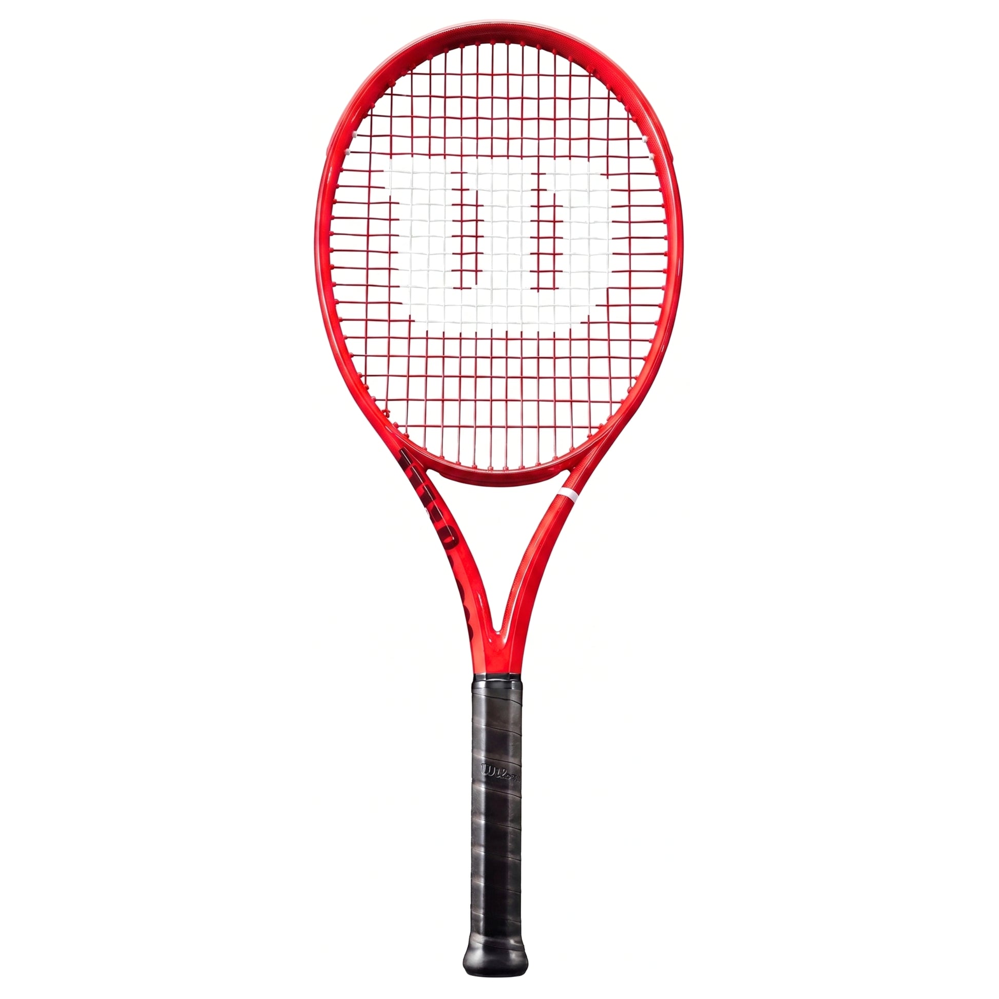 A red Wilson tennis racket with a black grip and white string pattern logo, centered on a plain white background.
