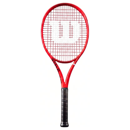 A red Wilson tennis racket with a black grip and white string pattern logo, centered on a plain white background.