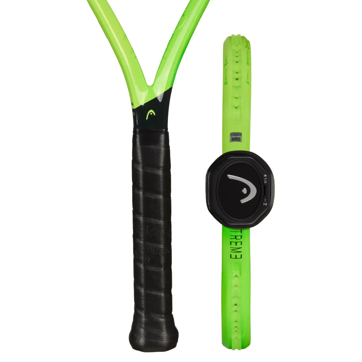 A Head tennis racket and a smartwatch band shown on a plain white background. The racket has a bright neon green frame and black grip, while the watch band is also neon green with a black round watch face and a small white logo.