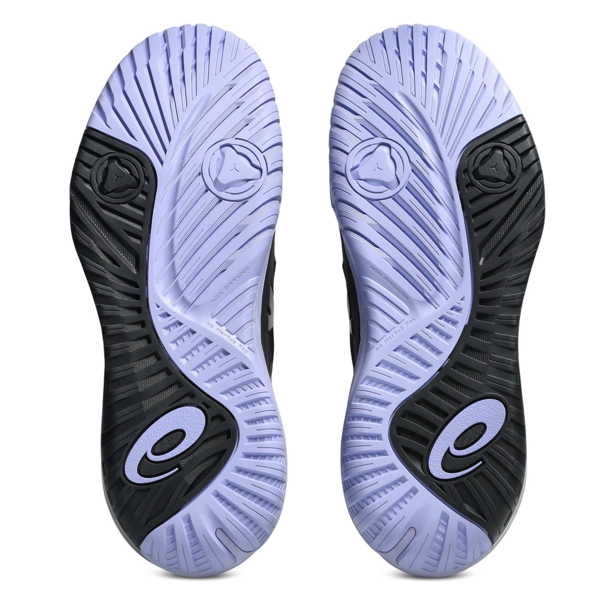 A pair of tennis shoes shown from the sole view, featuring a light lavender-purple and black tread pattern with a stylized 'e' logo on the heel.