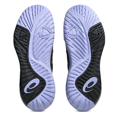 A pair of tennis shoes shown from the sole view, featuring a light lavender-purple and black tread pattern with a stylized 'e' logo on the heel.