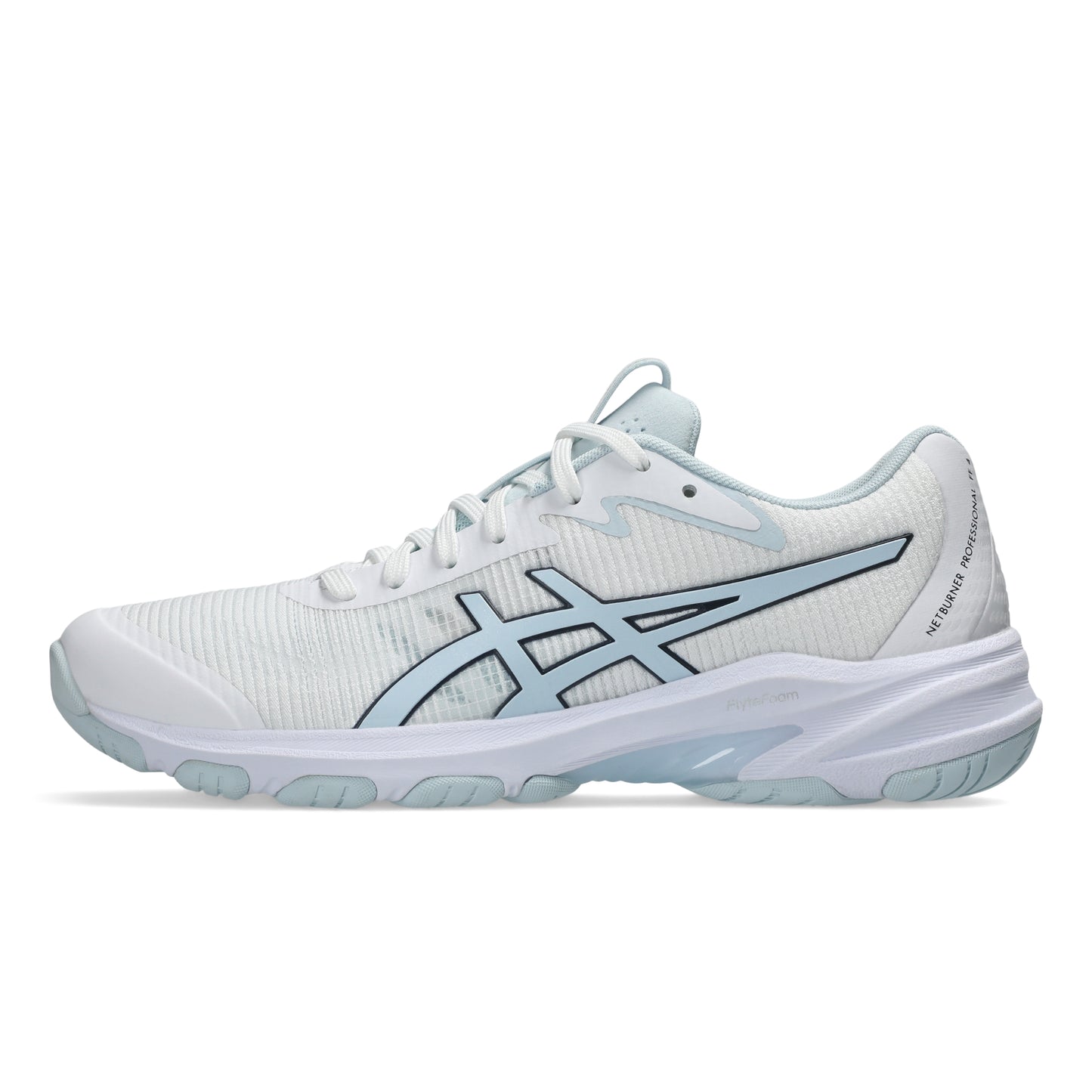 Light blue netball shoe on a white background