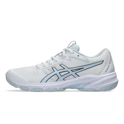 Light blue netball shoe on a white background