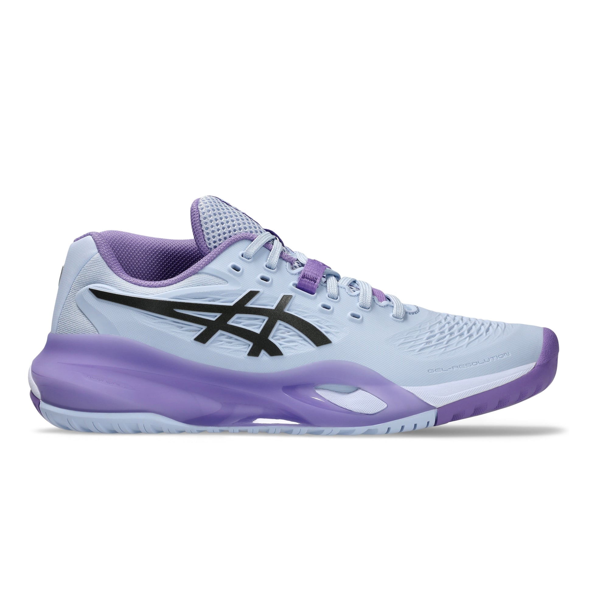 A single ASICS tennis shoe in light gray and purple with a black logo, shown in a side profile on a white background.