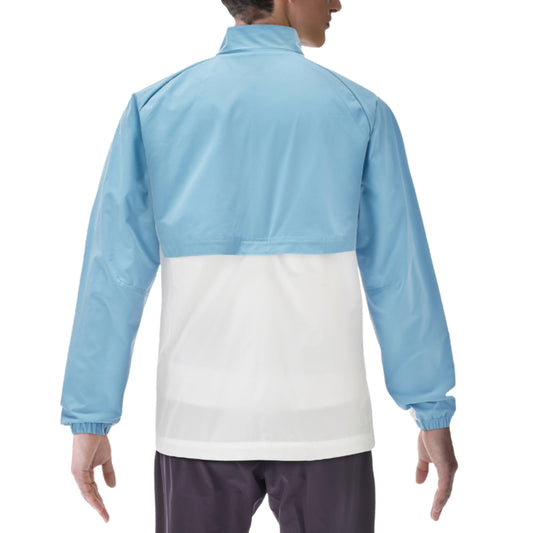 Light blue and white jacket worn by a person on a white background