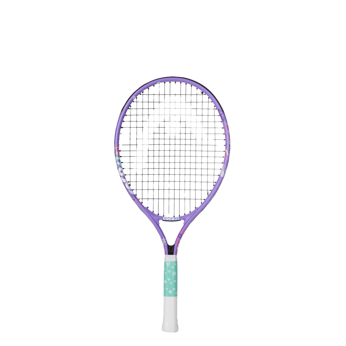 A kids Head tennis racket with a purple frame, black strings, and a white grip with a mint green patterned section, shown against a plain white background.