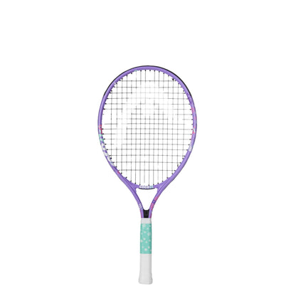 A kids Head tennis racket with a purple frame, black strings, and a white grip with a mint green patterned section, shown against a plain white background.