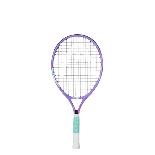 A kids Head tennis racket with a purple frame, black strings, and a white grip with a mint green patterned section, shown against a plain white background.