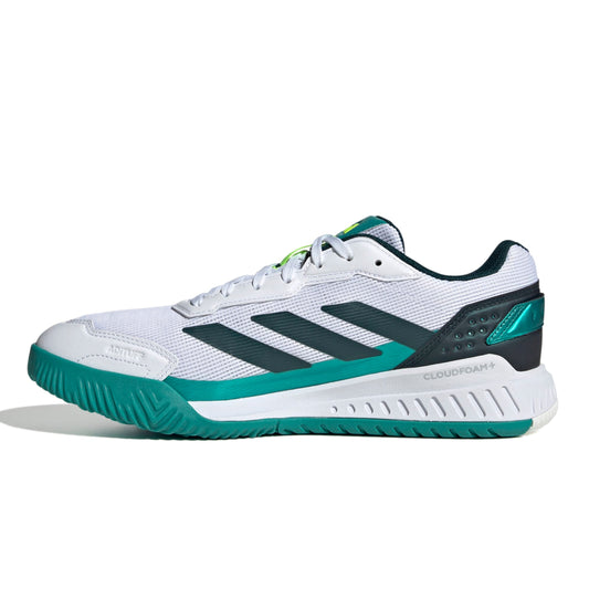 White padel shoe with green accents on a white background