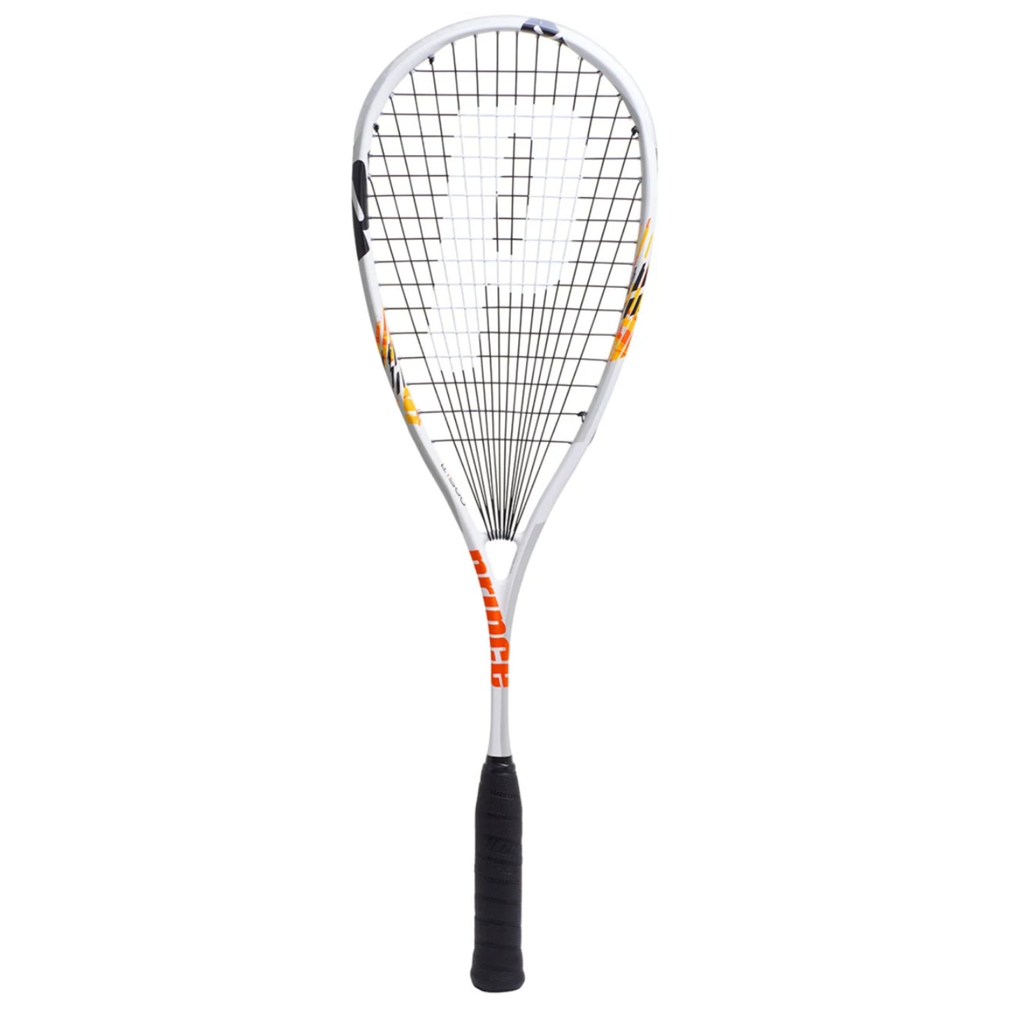 Prince Squash racket with black and orange design on a white background
