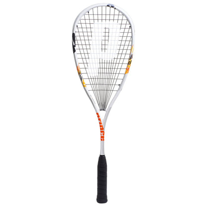 Prince Squash racket with black and orange design on a white background