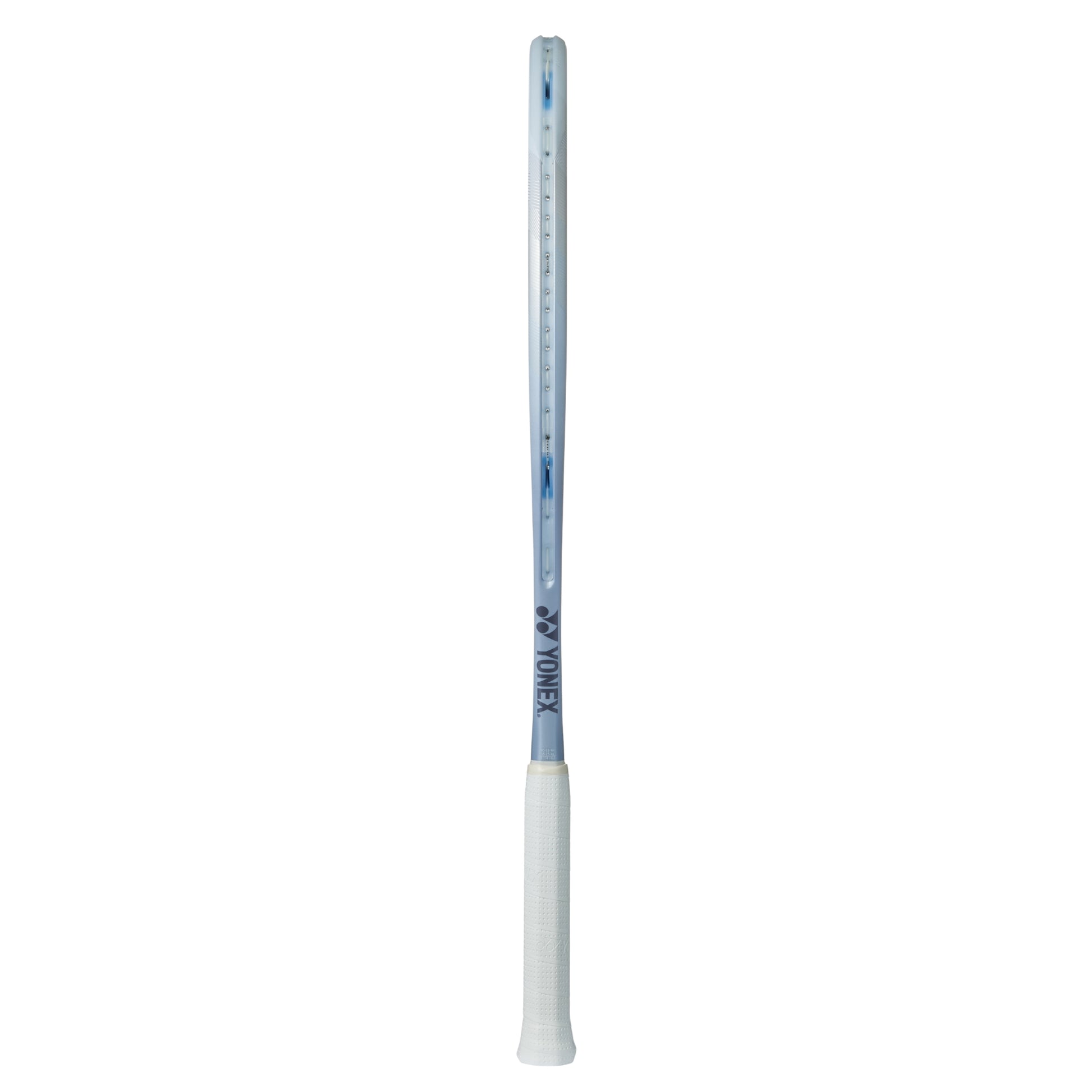 Silver Yonex tennis racket with a white handle and on a white background