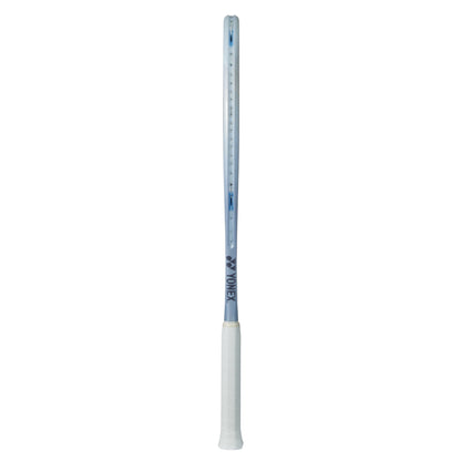 Silver Yonex tennis racket with a white handle and on a white background