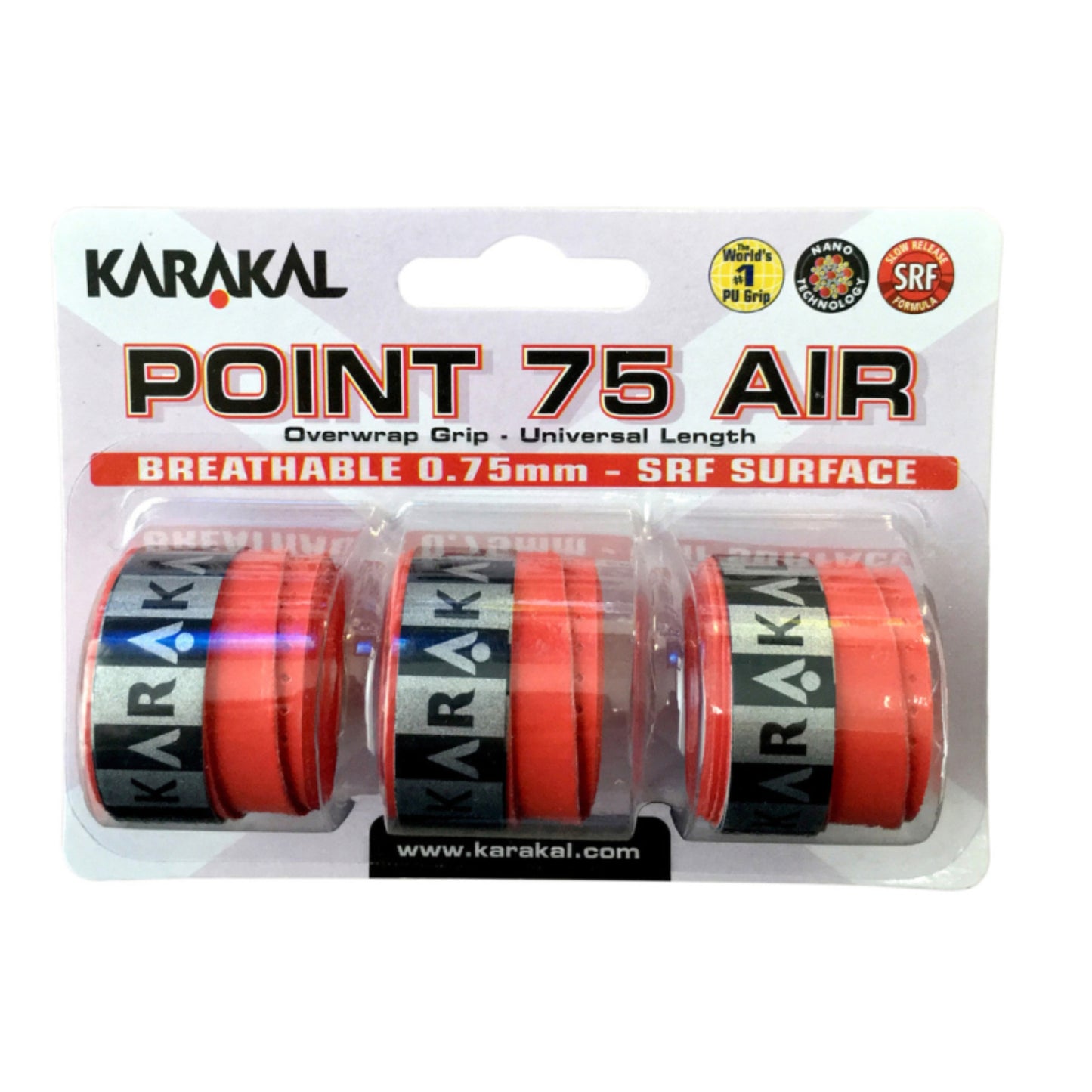 Karakal Point 75 Air overwrap grip packaging with three red grips inside.
