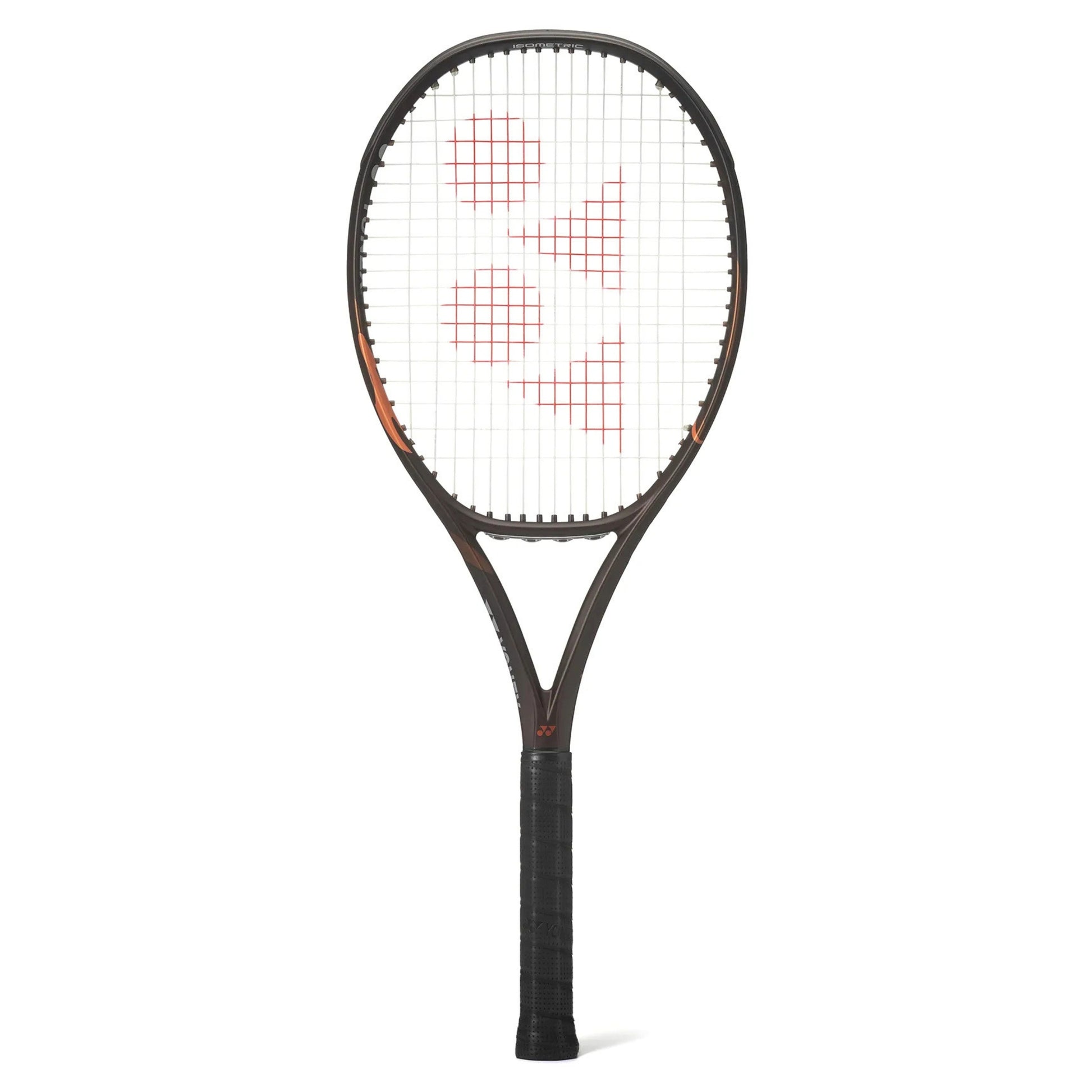 A Yonex tennis racket with a dark gray and black frame, orange accents, and white strings featuring the red Yonex logo, shown against a plain white background.