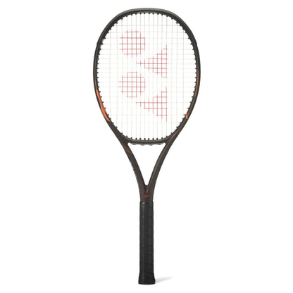 A Yonex tennis racket with a dark gray and black frame, orange accents, and white strings featuring the red Yonex logo, shown against a plain white background.